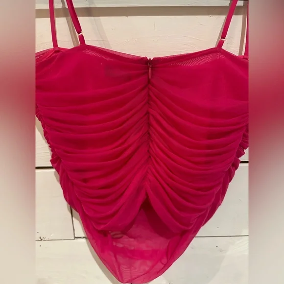 Babaton Fuchsia Ruched Mesh Spaghetti-Strap Cami - Picture 3 of 4